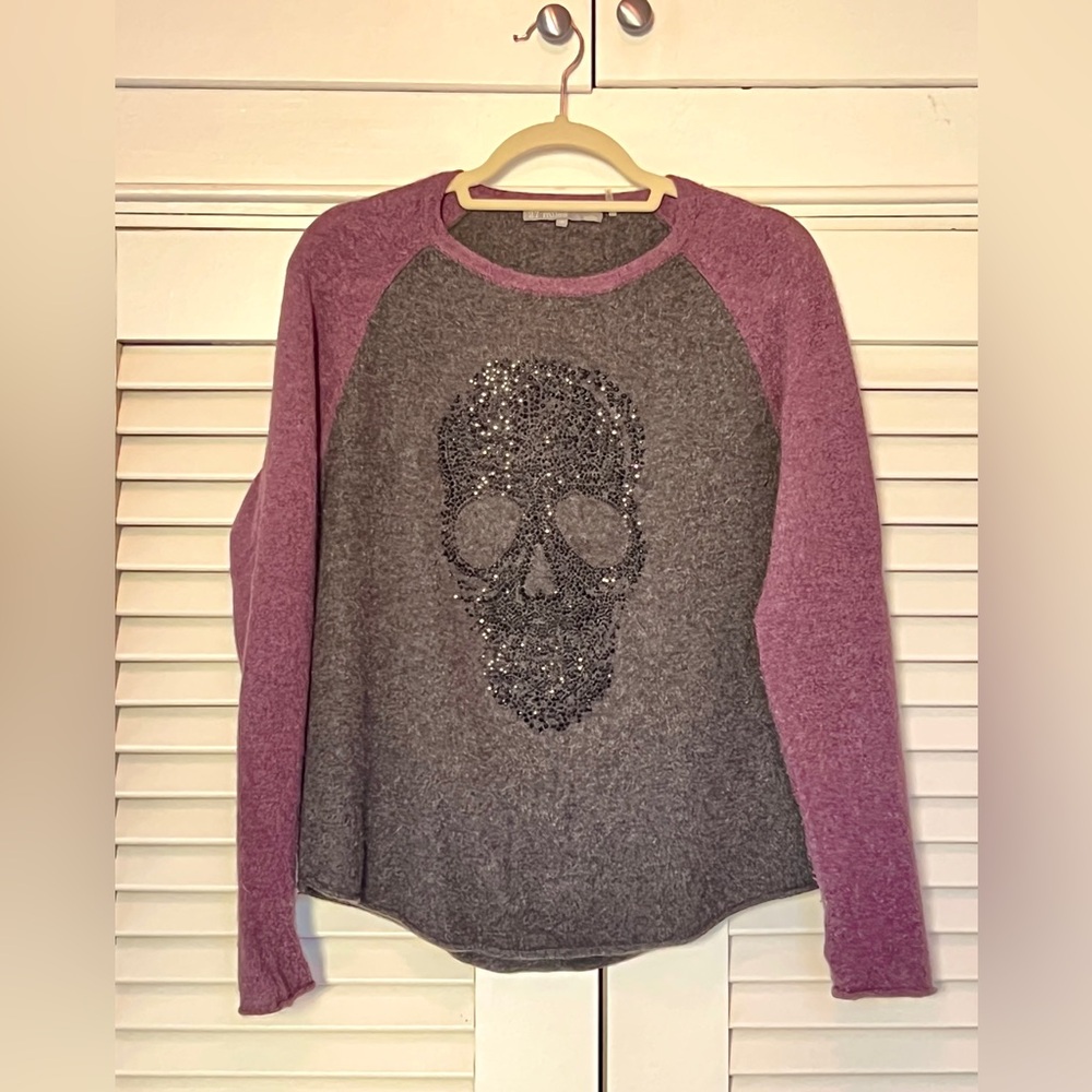 Gray and Violet Sequin Skull Women's Cashmere Sweater with Thumbholes